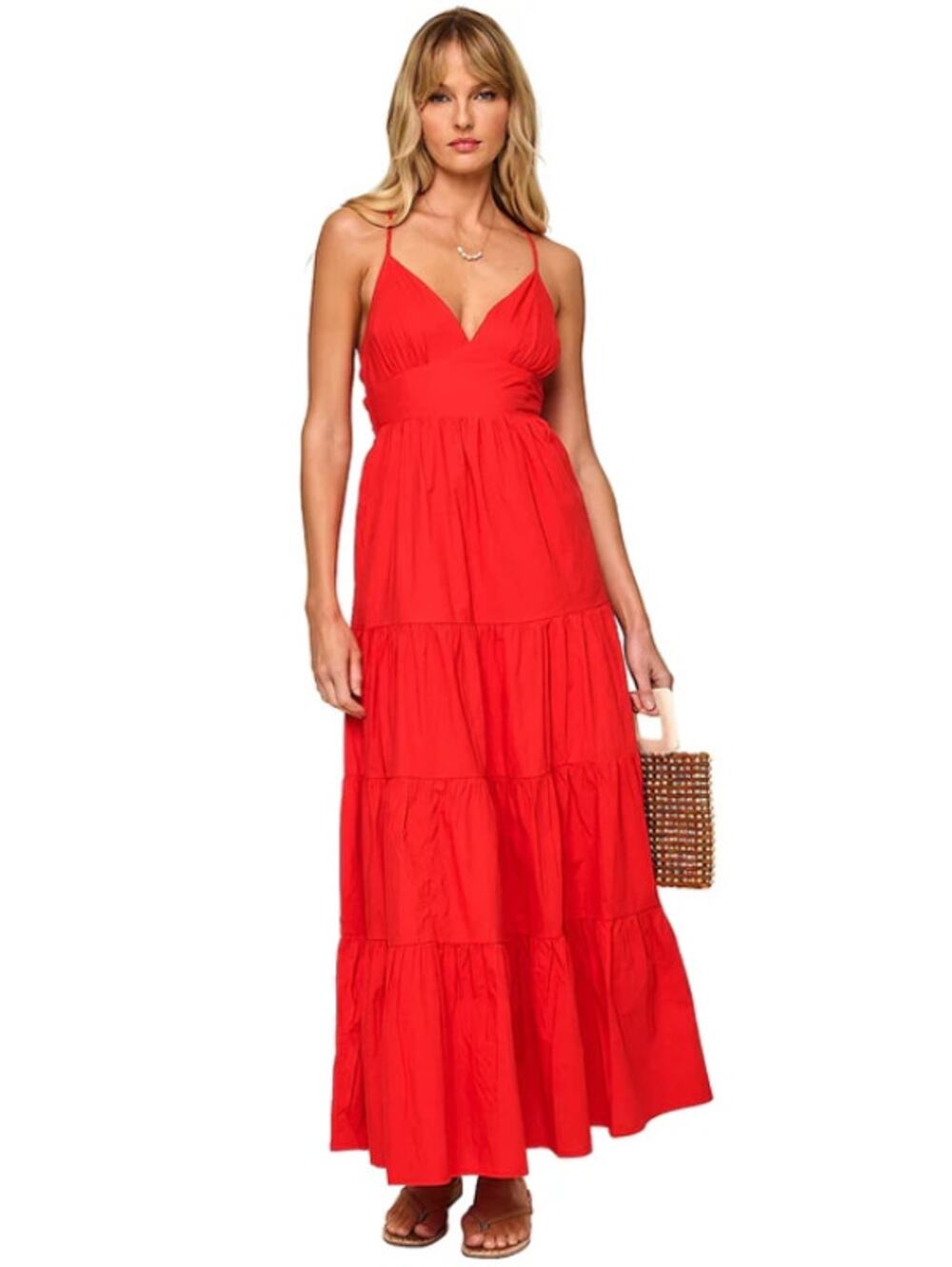 L*SPACE Women's Laina Tiered Maxi Dress Medium Red Criss-Cross Back NWT